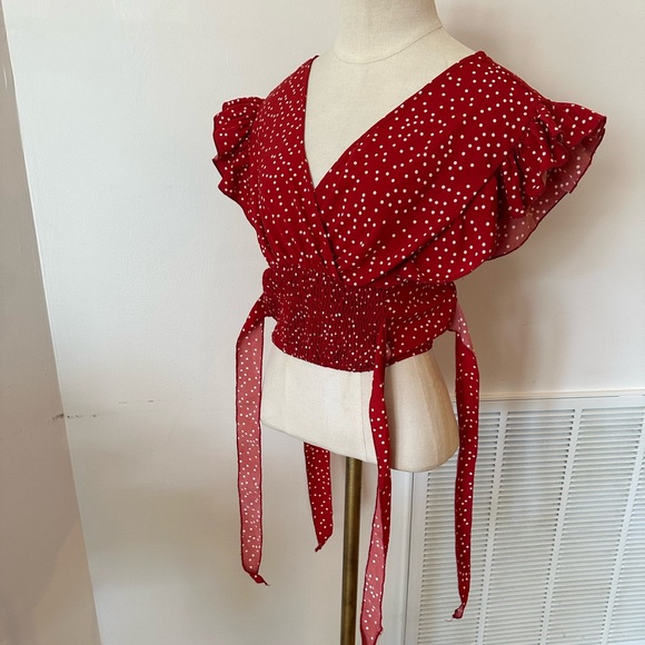Shein Red and White Polka Dot Cropped Wrap Tie Top in Size Medium - Picture 2 of 3